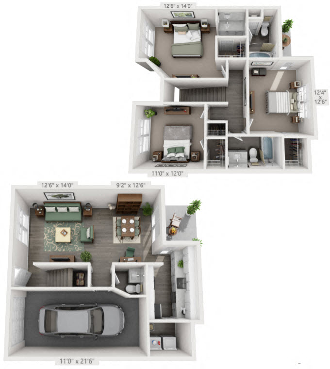 Floor plan for 3 beds, 2 baths, 1336 sqft